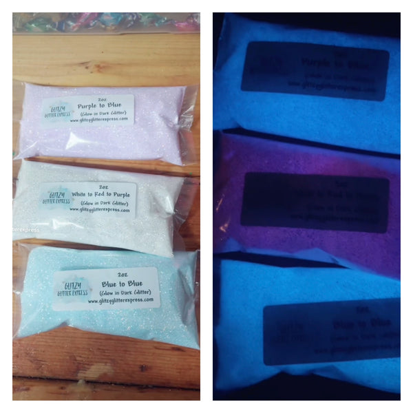 Fine: 2oz Glow in Dark Glitter - White to Red to Purple